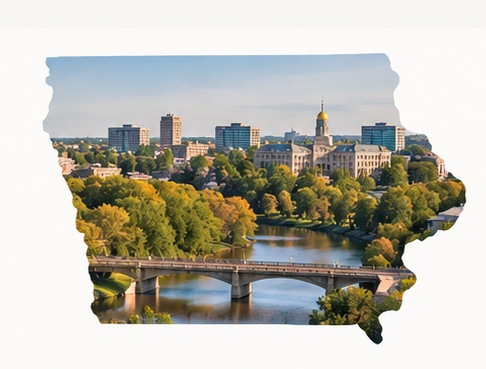 Iowa-shaped graphic featuring an Iowa urban and campus-inspired landscape